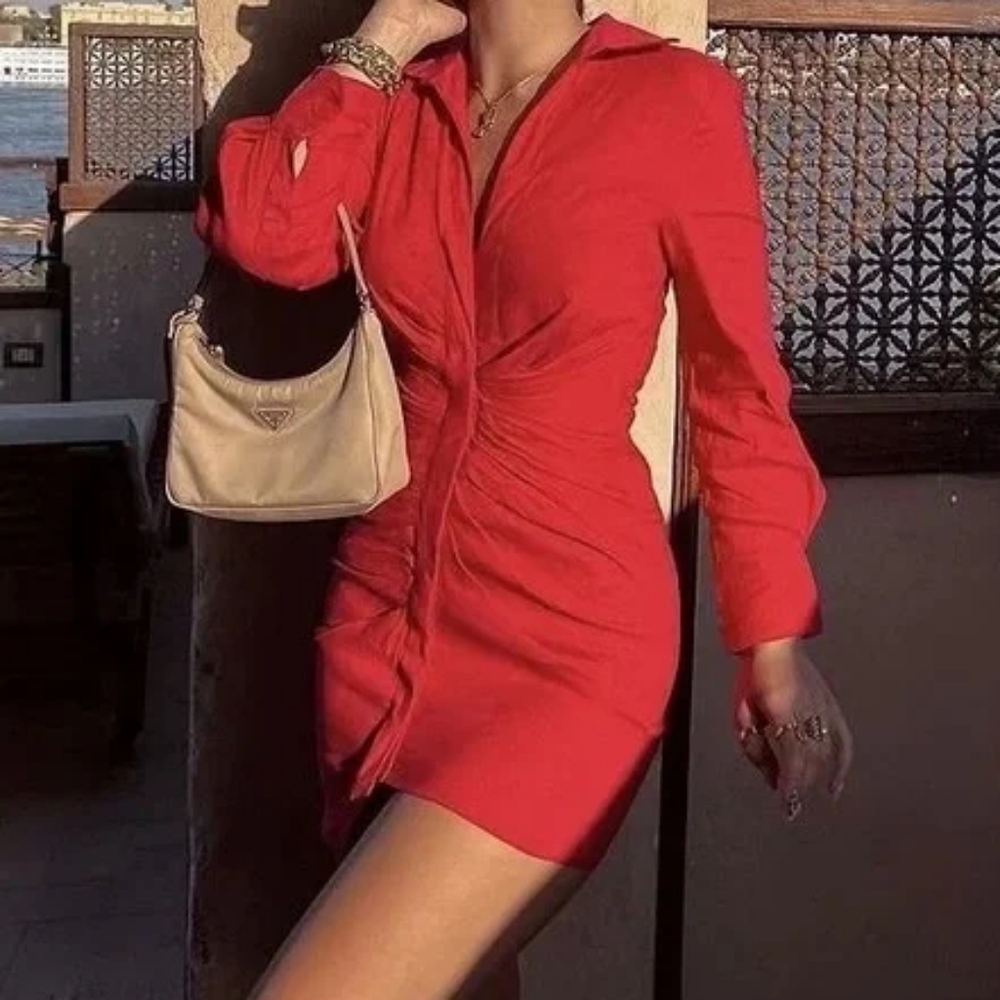 Zara Red Ruched Bodycon Shirt Dress, L